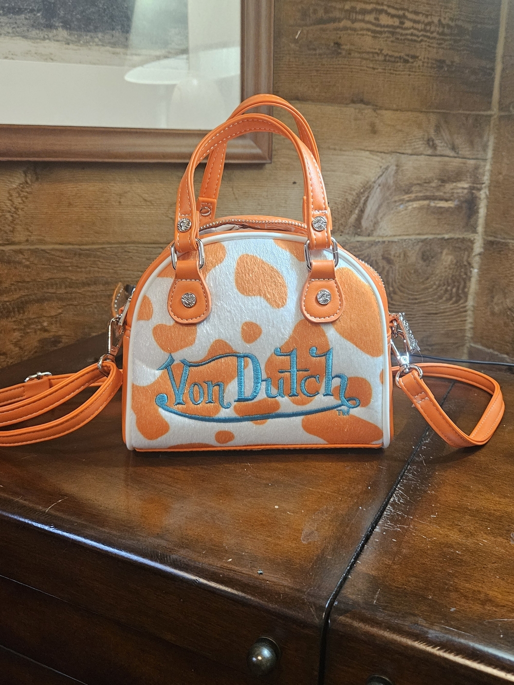 Von Dutch Orange & White Cowprint Mini Satchel